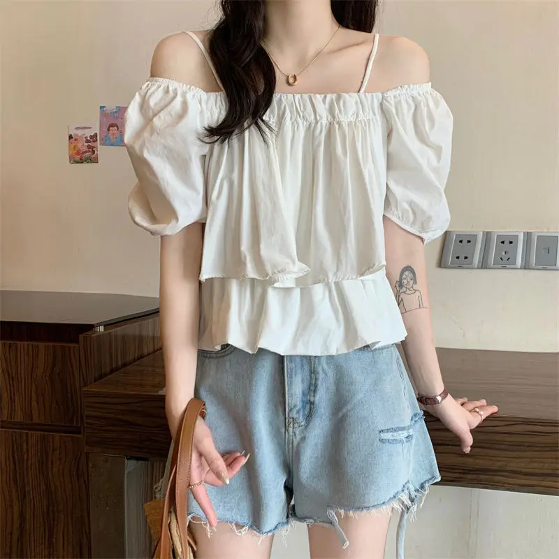 Chic Women Short Sleeve Blouse Summer Clothes 2024 New Korean Popular Style Female Casual Loose Off Shoulder Layered Cami Tops