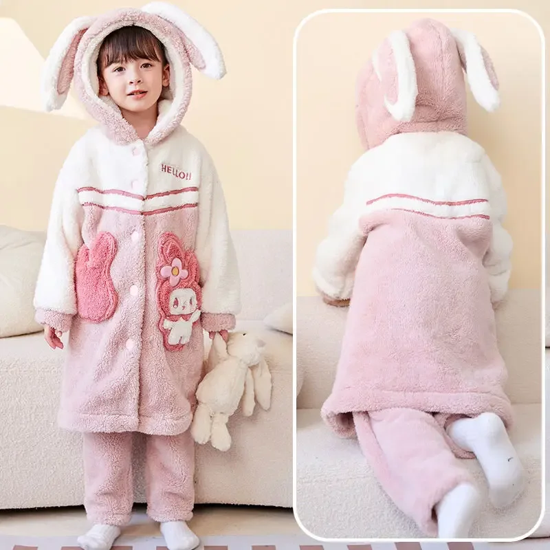 My Melody Kuromi  Anime Kawaii Sanrio Ins Fashio Children Nightgown Coral Velvet Thick Pajamas Cute Warm Home Wear Clothing Toys