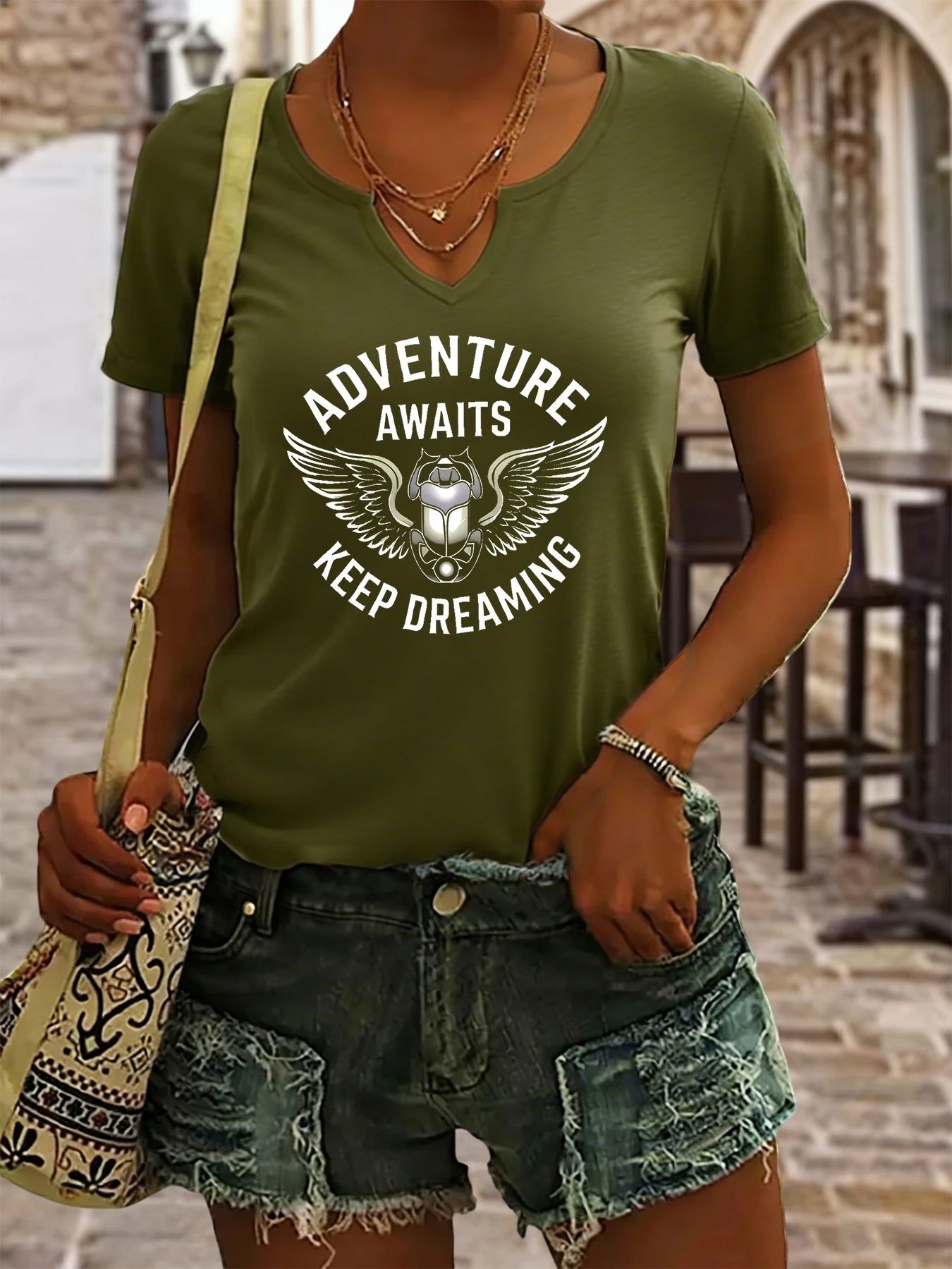 Women's Summer V-Neck Short Sleeve T-Shirt, Adventure Awaits Winged Beetle Print, Keep Dreaming Travel Casual Fashion Top