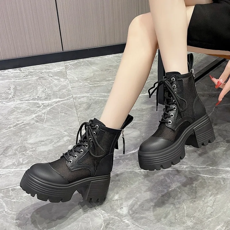 Summer New Sandals Boots Women Hollow Outs Net Boots Black Increasing Height Shoes pu Leather Sandals Breathable 8cm High Heels