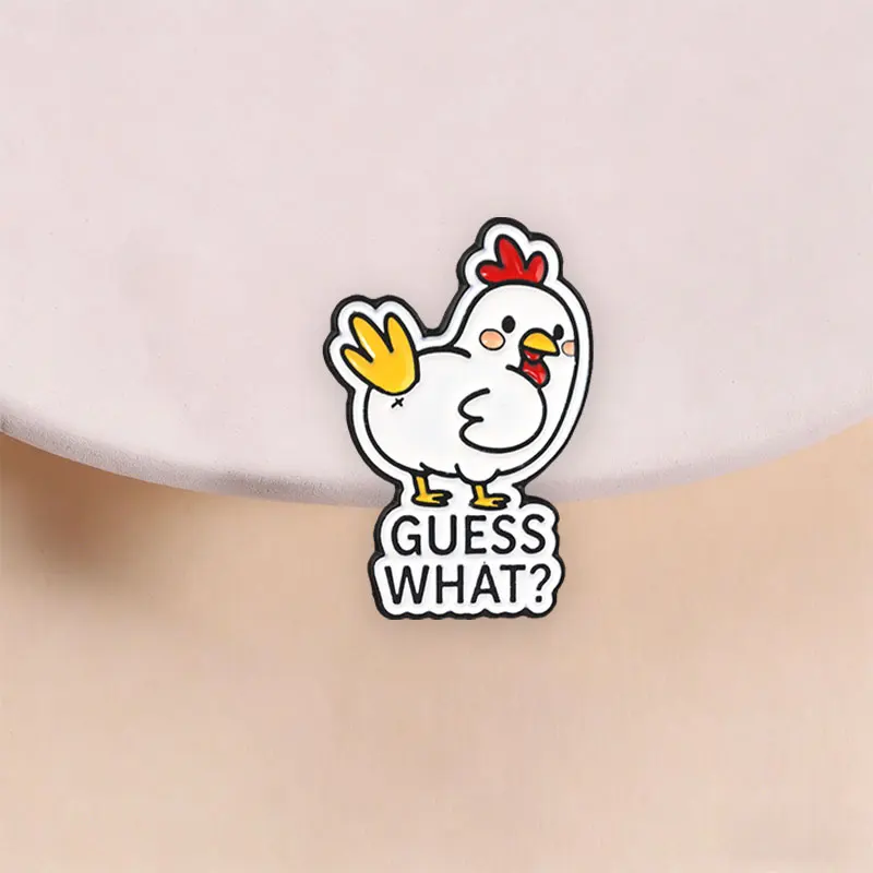 Guess What Chicken Butt Joke Enamel Pin, Round White Chick Brooch With Pun Humor For Funny People And Casual Style