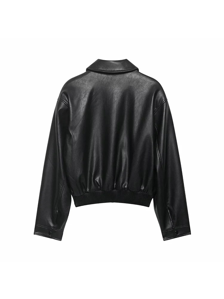 Women Faux Leather Lapel Collar Jacket Vintage Women  Long Sleeve With Pockets Zipper Coats Casual Fashion Female Outerwear