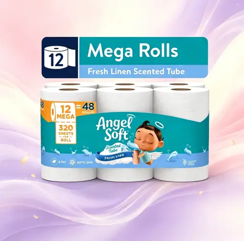 ICUTE-Angel Soft 2-Ply Toilet Paper, Fresh Linen Scented Tube, 12 Mega Rolls, 320 Sheets per Roll