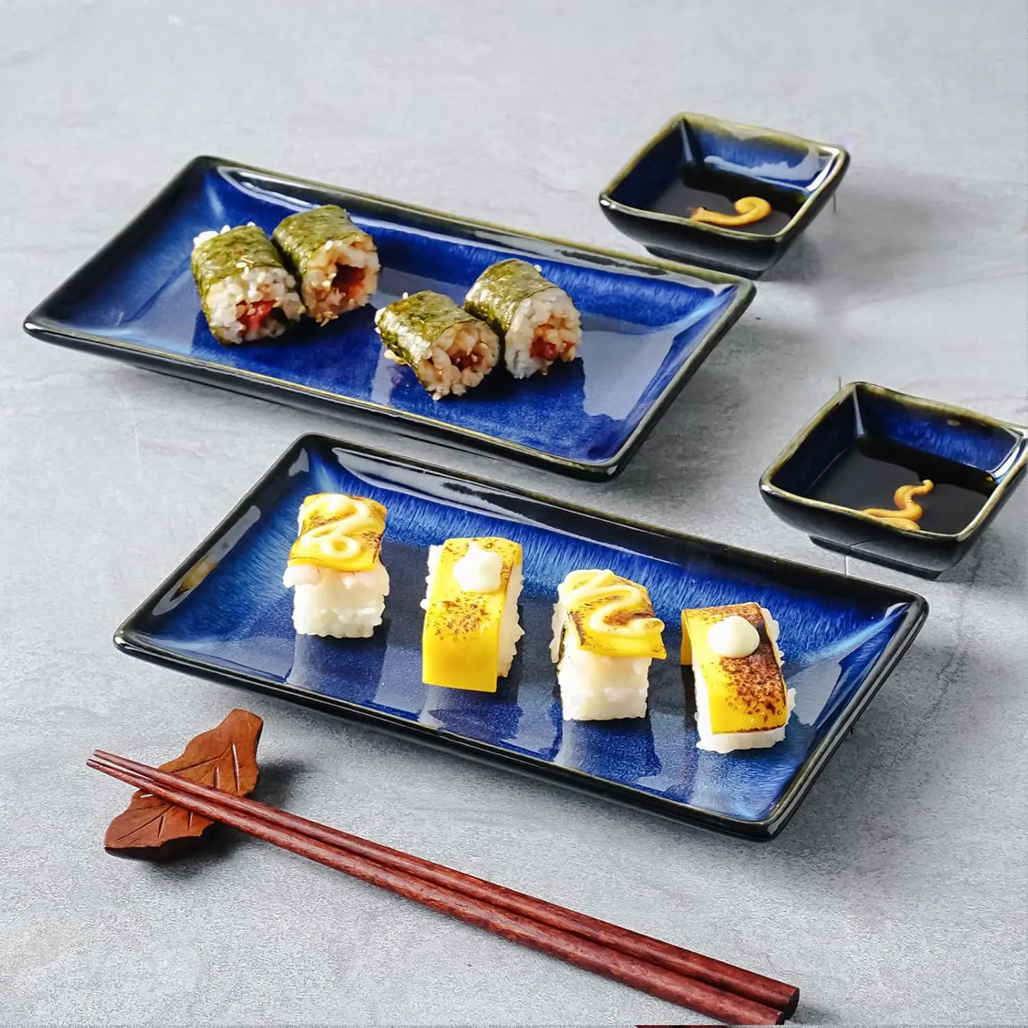 

Ceramic Sushi Serving Tray Sets 2, 6 Pieces Japanese Style Porcelain Sushi Plate Set with Soy Sauce Dishes, Bamboo Chopsticks Ho