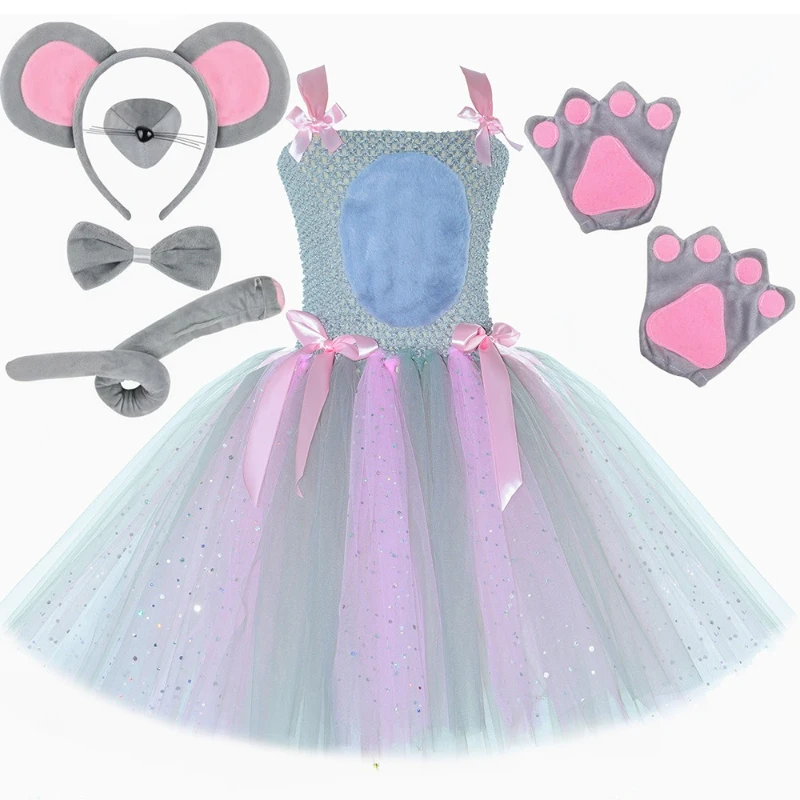 Kids Mouse Costume Girls Toddler Glitter Grey Pink Rat Tutu Dress Up Girls Halloween Carnival Party Mice Costumes with Ears Tail