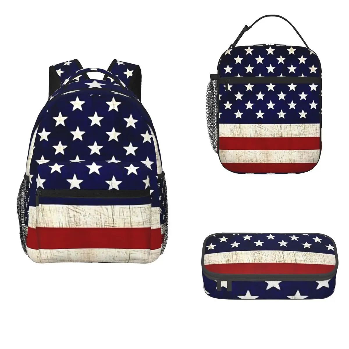 American USFlag Backpacks Boys Girls Bookbag Students School Bags Cartoon Kids Rucksack Lunch Bag Pen Bag Three-Piece Set