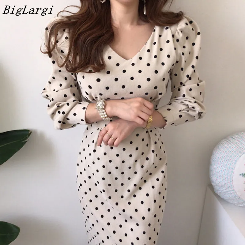 2023 Spring Summer Vintage Elegant Polka Dot Corduroy Dress Korea Fashion Long Sleeves Midi Dresses Women V-neck Slim Vestidos