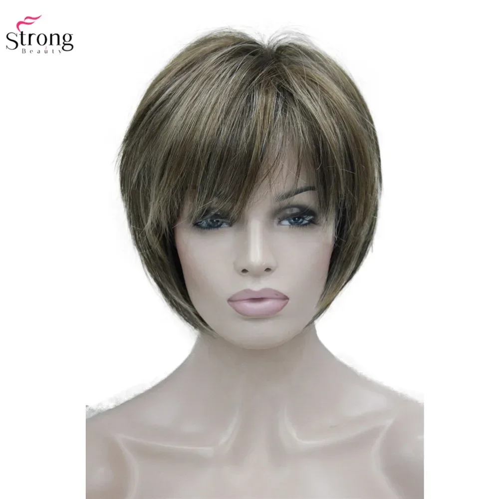 StrongBeauty Synthetic Wig Women\'s Ash Brown/Blonde Highlighted/ Hair Black Natural Wigs Short Straight