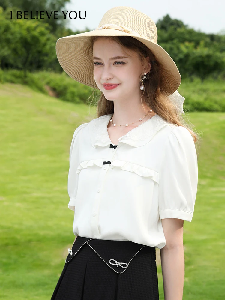 

I BELIEVE YOU 2023 Summer French Chiffon Shirts & Blouses Women Bow Peter Pan Collar Office Lady Short Sleeve Tops 2232205097