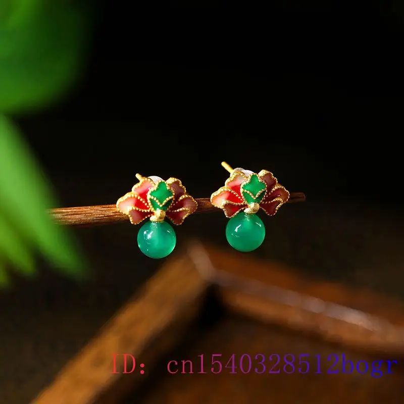 Green Real Jade Bead Earrings Designer Natural Jewelry Gift Luxury Vintage Stone Women Ear Studs Gifts Fashion 18K Gold Plated