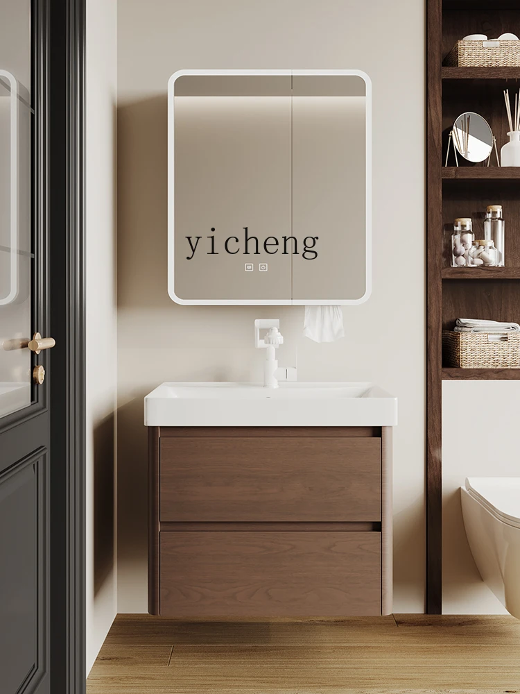 L23 Walnut Arc Honeycomb Aluminum Small Apartment Bathroom Cabinet Ceramic Integrated Wash Basin Cabinet Washbasin