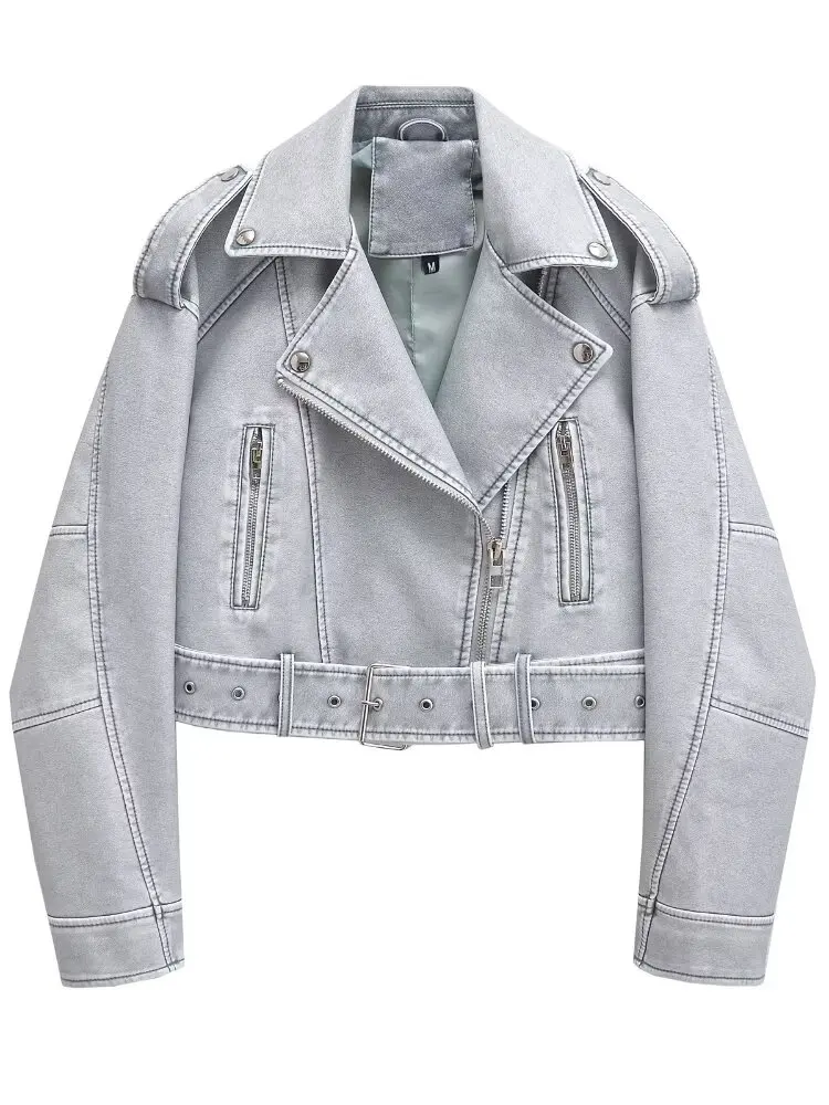 TRAF Casual Lady Lapel Zipper Short Leather Jacket High Street Coat PU damska kurtka motocyklowa z długim rękawem i elegancką klapą