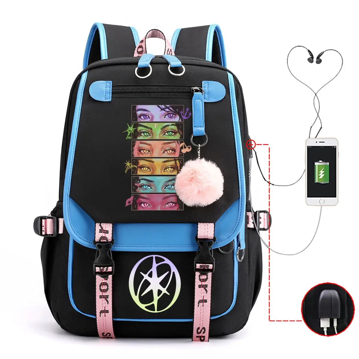 Рюкзак Back To School Katseye с контрастными вставками, USB-портом для зарядки и отверстием для провода наушников, для подростков (мальчиков и девочек)