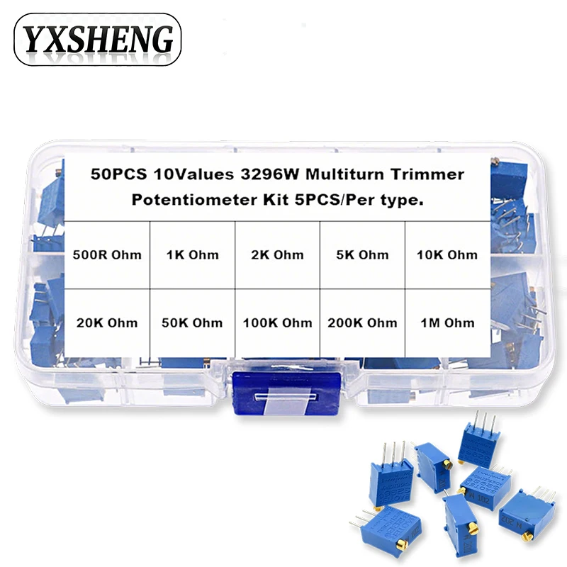 50PCS Multiturn Trimmer Potentiometer KIT 3296W 500R 1K 2K 5K 10K 20K 50K 100K 200K 1M High Precision Variable Resistor 3296 Box