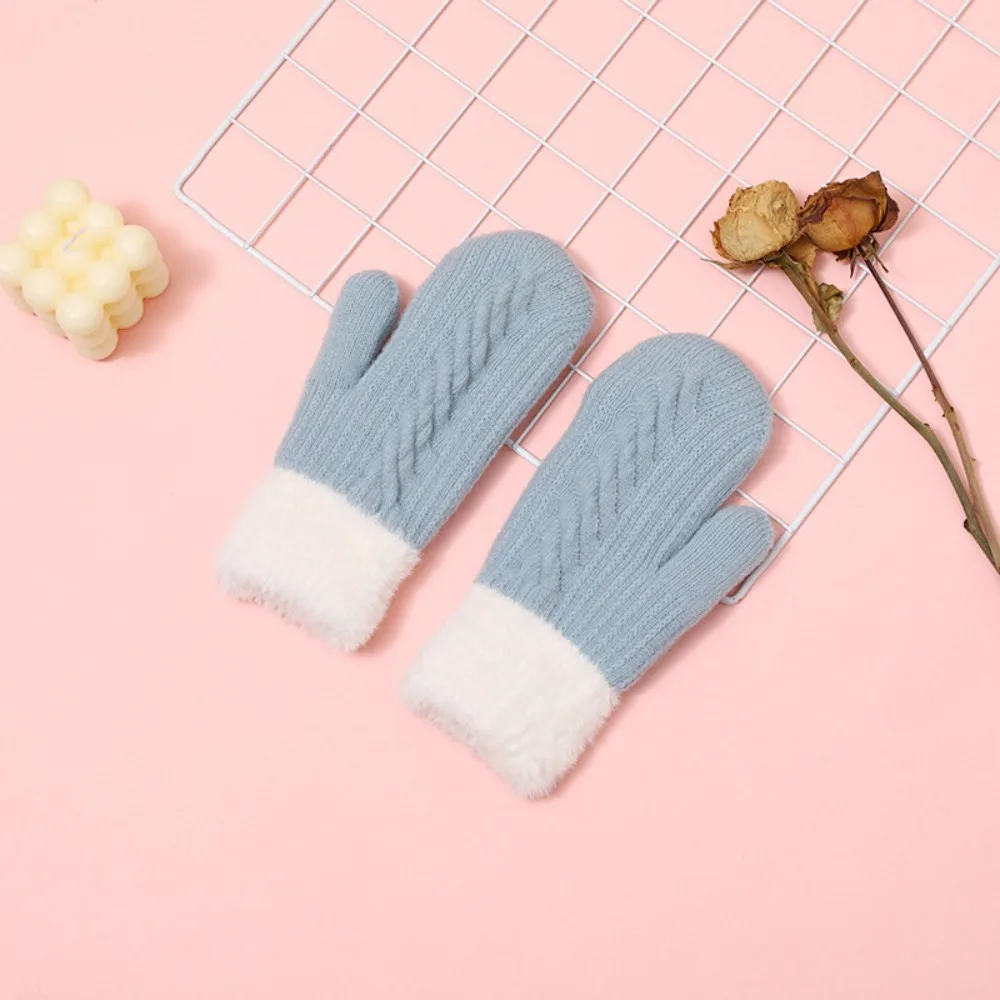 Cute Warm Knit Twist Flowers Mittens Thickening Plush Full Finger Gloves Double Layer Soft Cycling Gloves Skiing