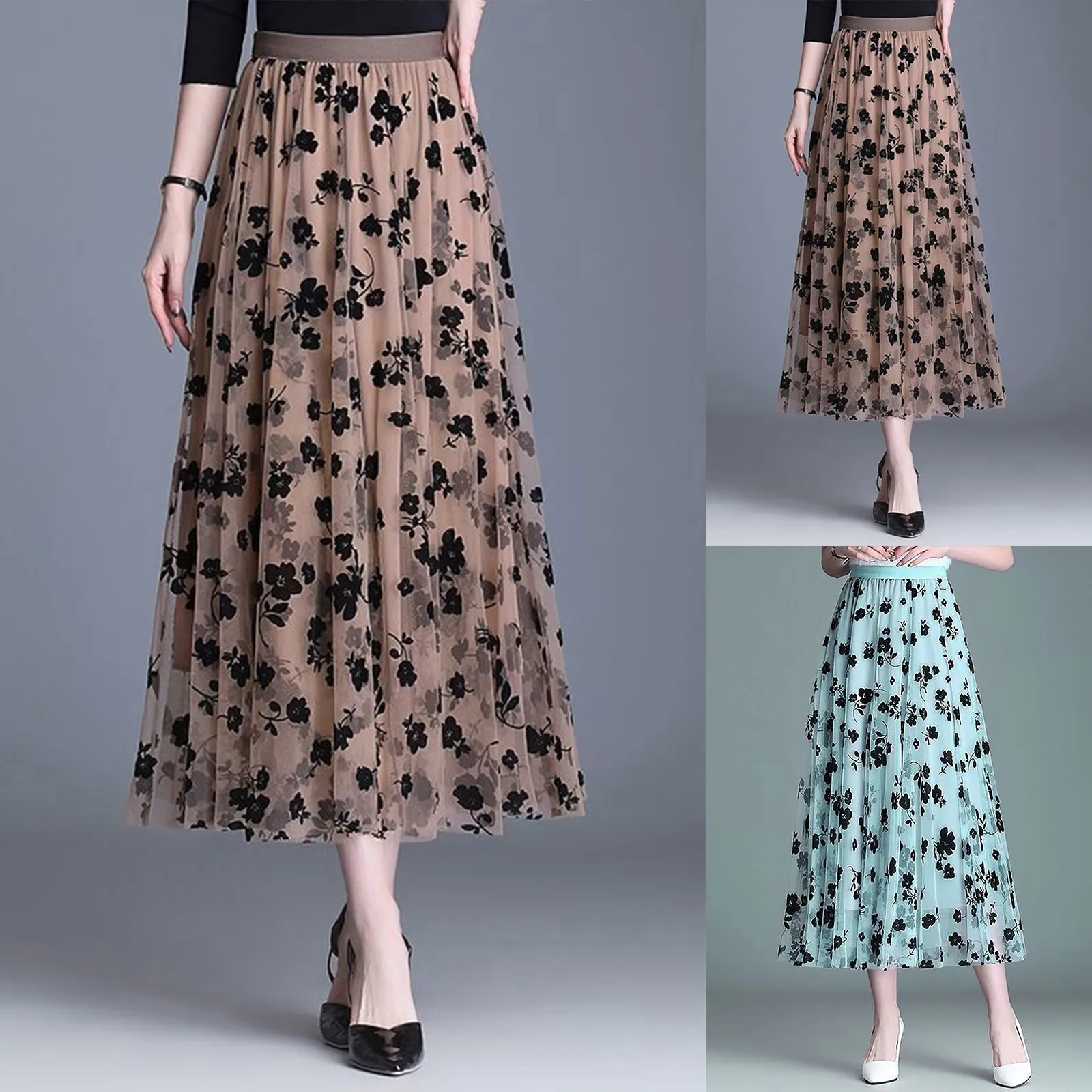 

Mesh Floral Skirt Women 2023 Spring Summer Autumn Long Gauze Skirt High Waisted Grace Fashion Puff Skirts Elegant Mujer Printing