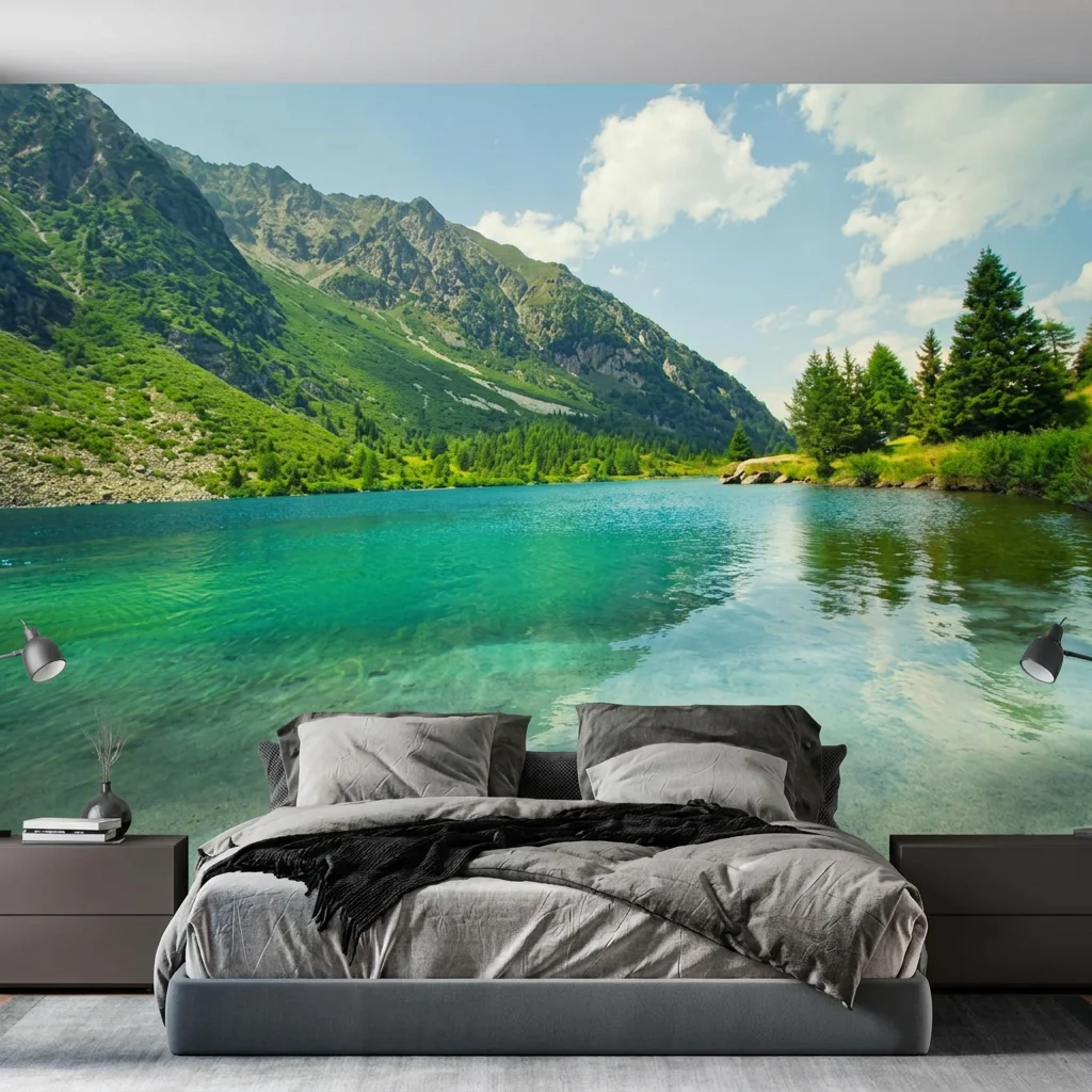 Alpine lake and lush green valley, background wall for living room, study, and bedroom, self-adhesive material.