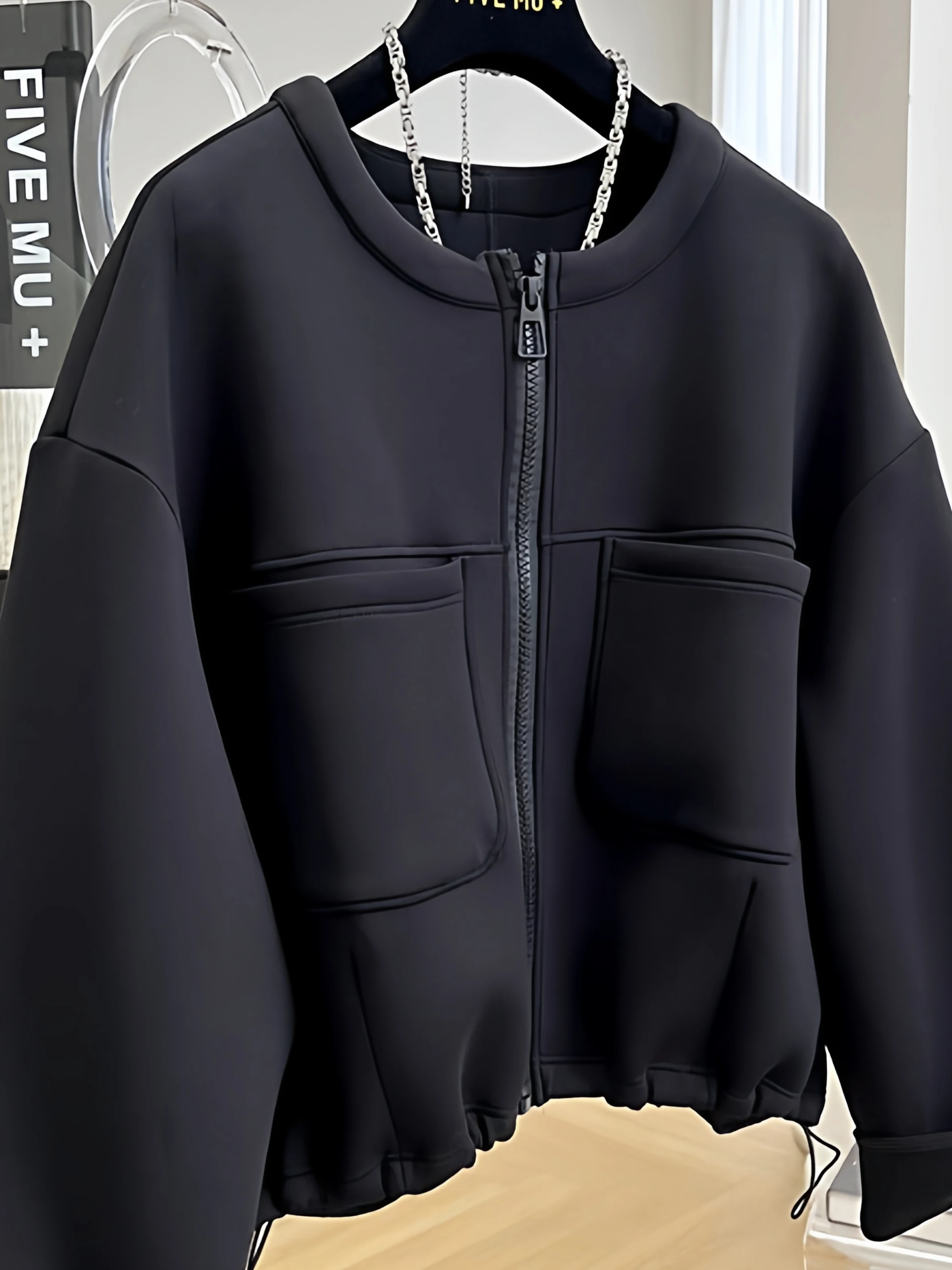 

plus Size 300 Pou Bla ort round Ne Jaet Women's Spring Versatile Coat Top Korean Sle Loose Fit Casual Zipper