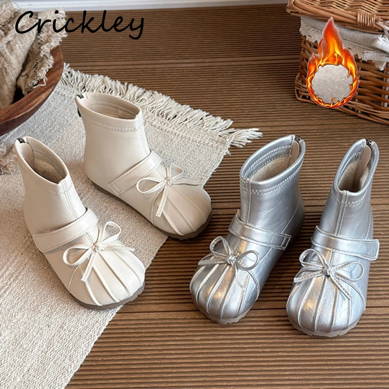 Bow Solid Girls Fashion Boots Winter PU Leather Short Plush Warm Kids Ankle Shoes Zip Anti Slip Children Princess Boots