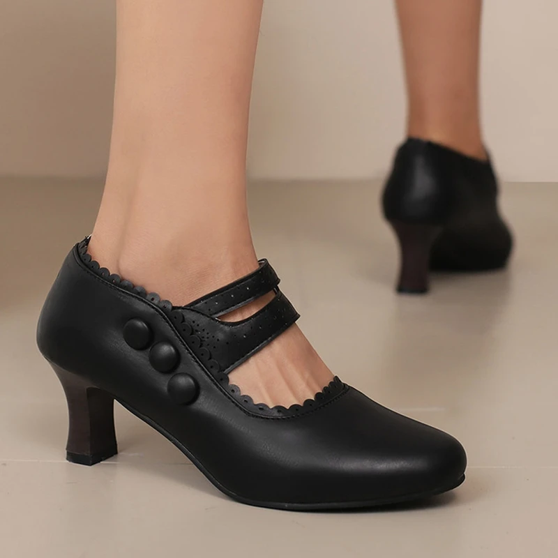 

REAVE CAT 2025 Spring New Women Pumps Mary Janes 6cm Small Heels PU Ankle Strap Buckle Green Yellow Wine Black Big Size 47 48