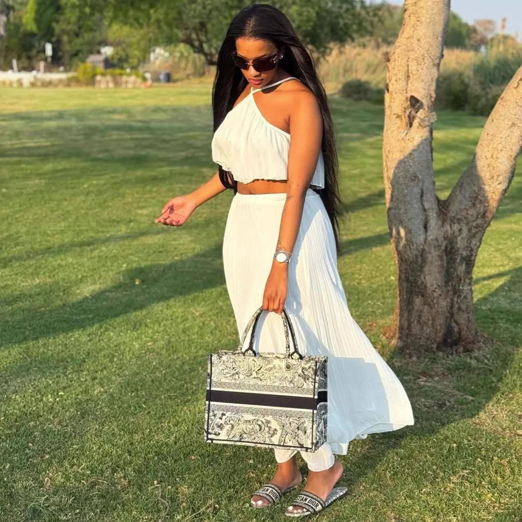 

Women Two Piece Sets Skirt Set Halter Sleeveless Sexy Tops Pleated Long Skirts A Line High Waist Y2k Streetwear Elegant Work