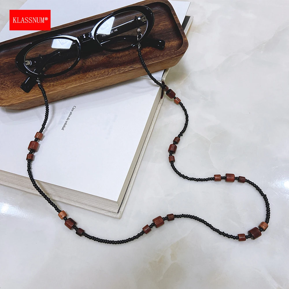KLASSNUM Vintage Glasses Chain Men Women Cylindrical Wood Beads Eyeglass Neck Hanging Anti-drop Glasses Lanyard Trendy Accessory