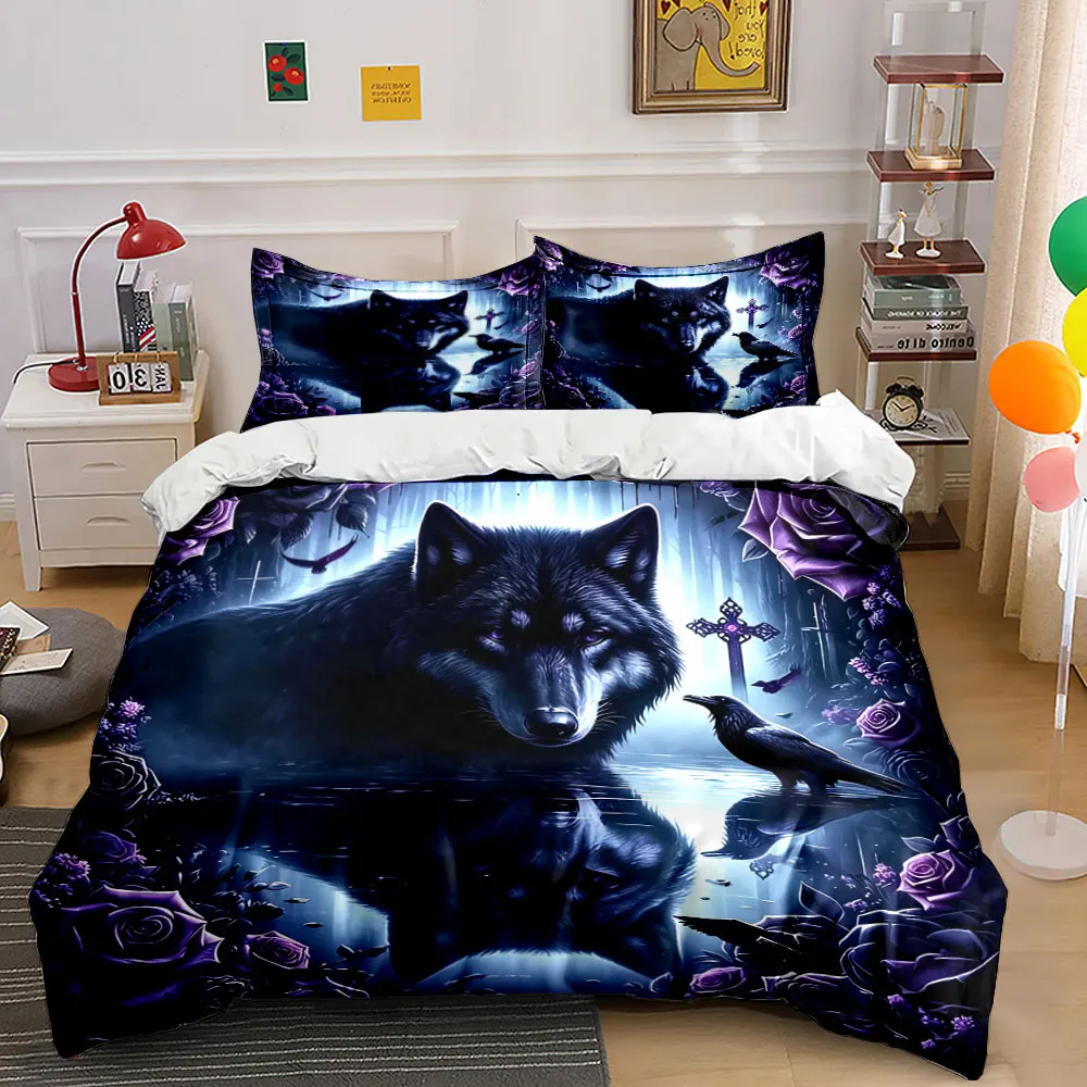 Dark Forest Wolf Raven Duvet Cover Print Bedding Set 1 Duvet Cover 2 Pillowcases for Adult and Children Luxury Gift Full Size