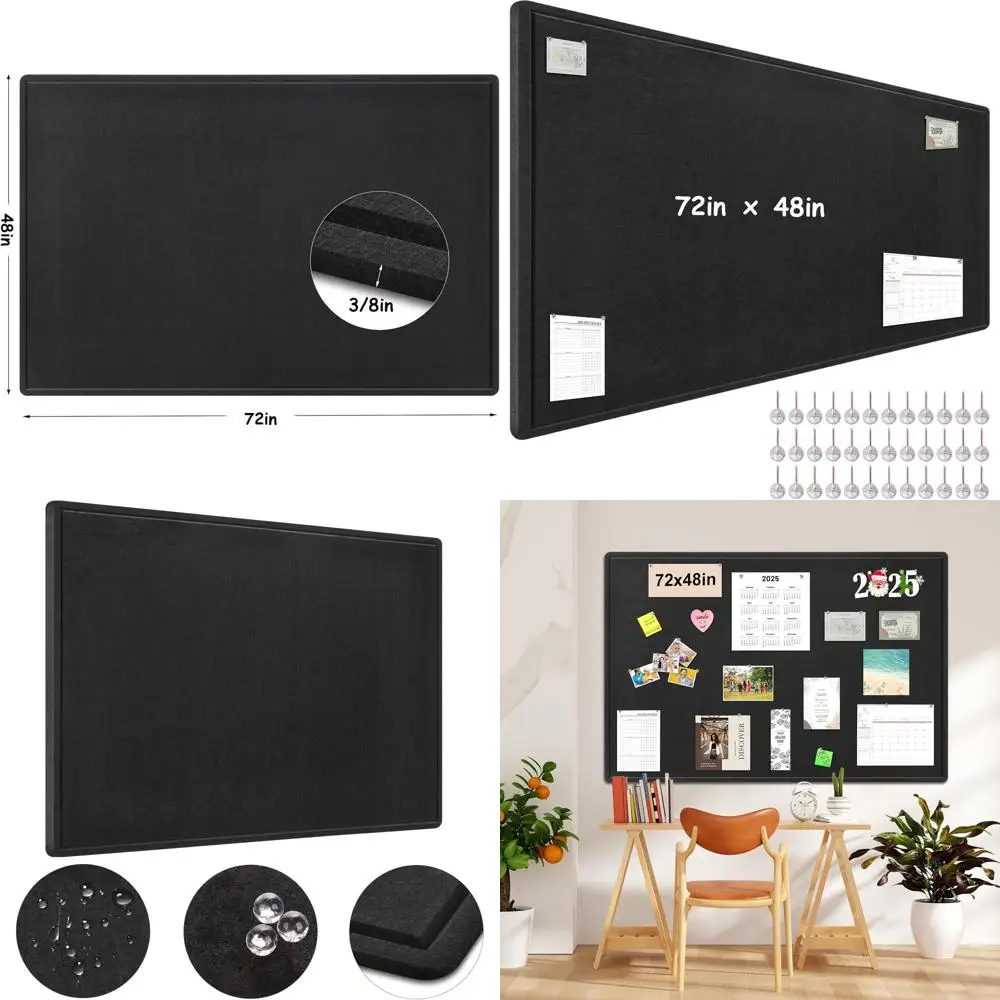 

Collapsible 72x48 Felt Photo Display Board with Adhesive Tape, 36 Pins - Black