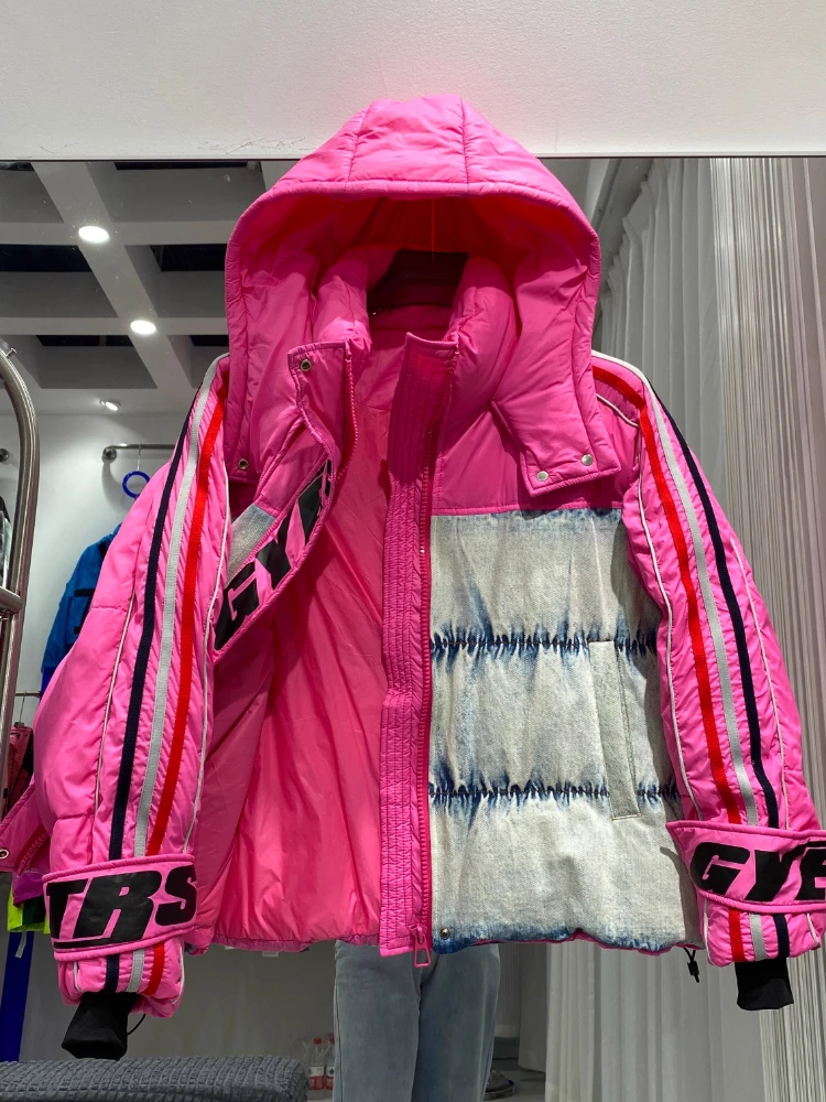 2025 Winter Down Jacket Women Denim Splicing Contrast Color Letter Parkers Thick White Duck Puffer Coat Short Trendy Commute Top