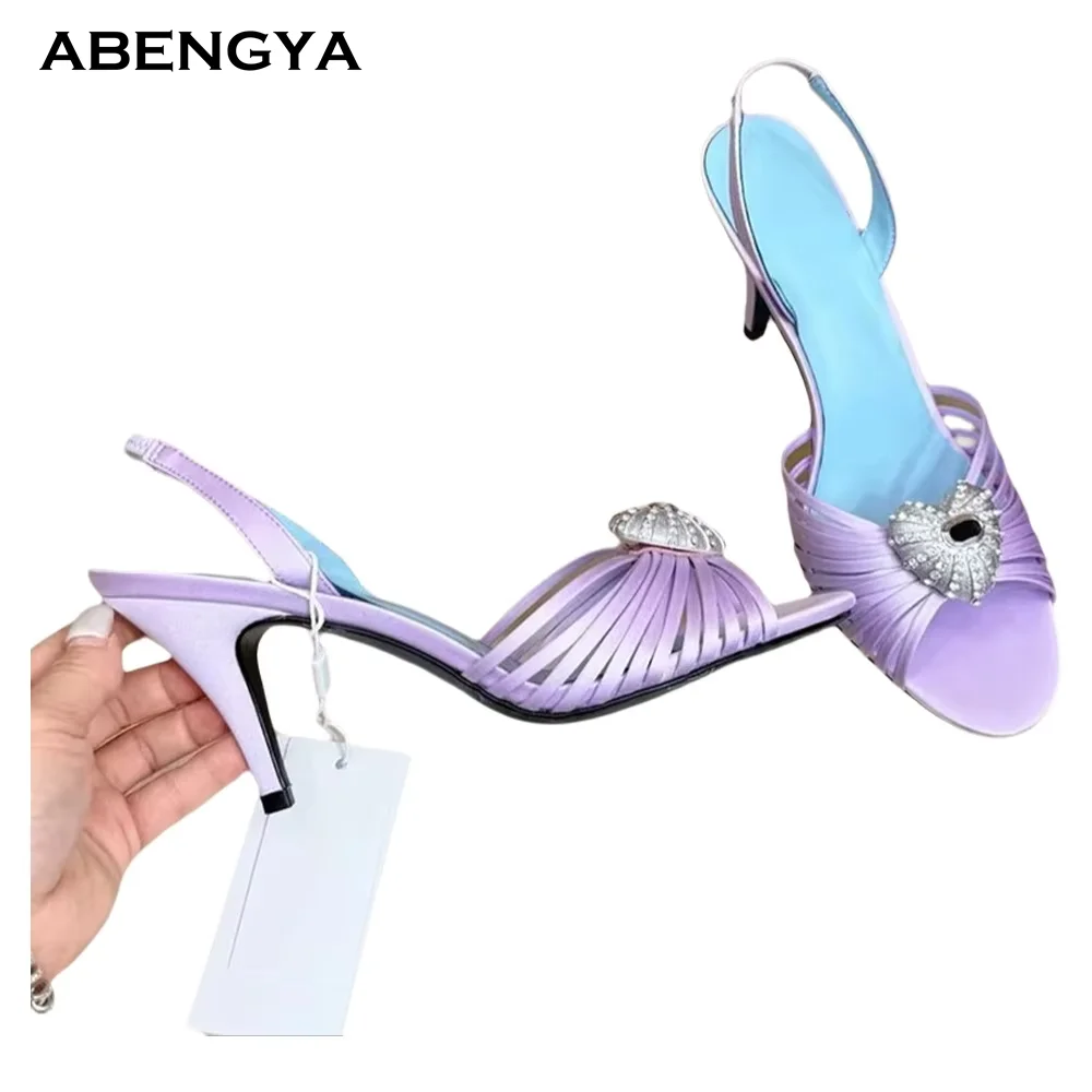 Summer Hollow Out Leather Gladiator Sandal Women Open Toe Crystal High Heel Dress Shoes Design Fashion Party Wedding Shoes Women