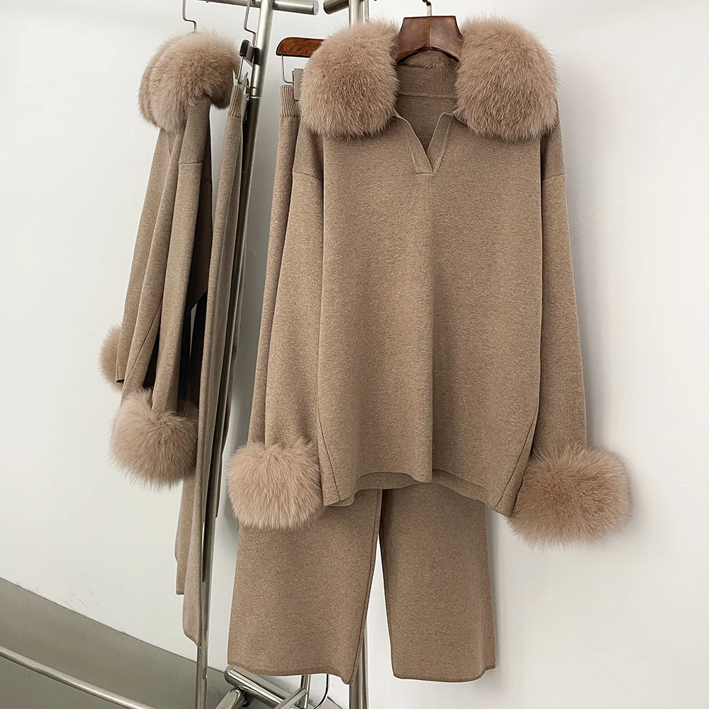 Real Fox Fur Collar Pullovers Knitted Women Fashion Suit Autumn Spring Sweater Sweater Set Lady Trousers Suit Raccoon Fur Female