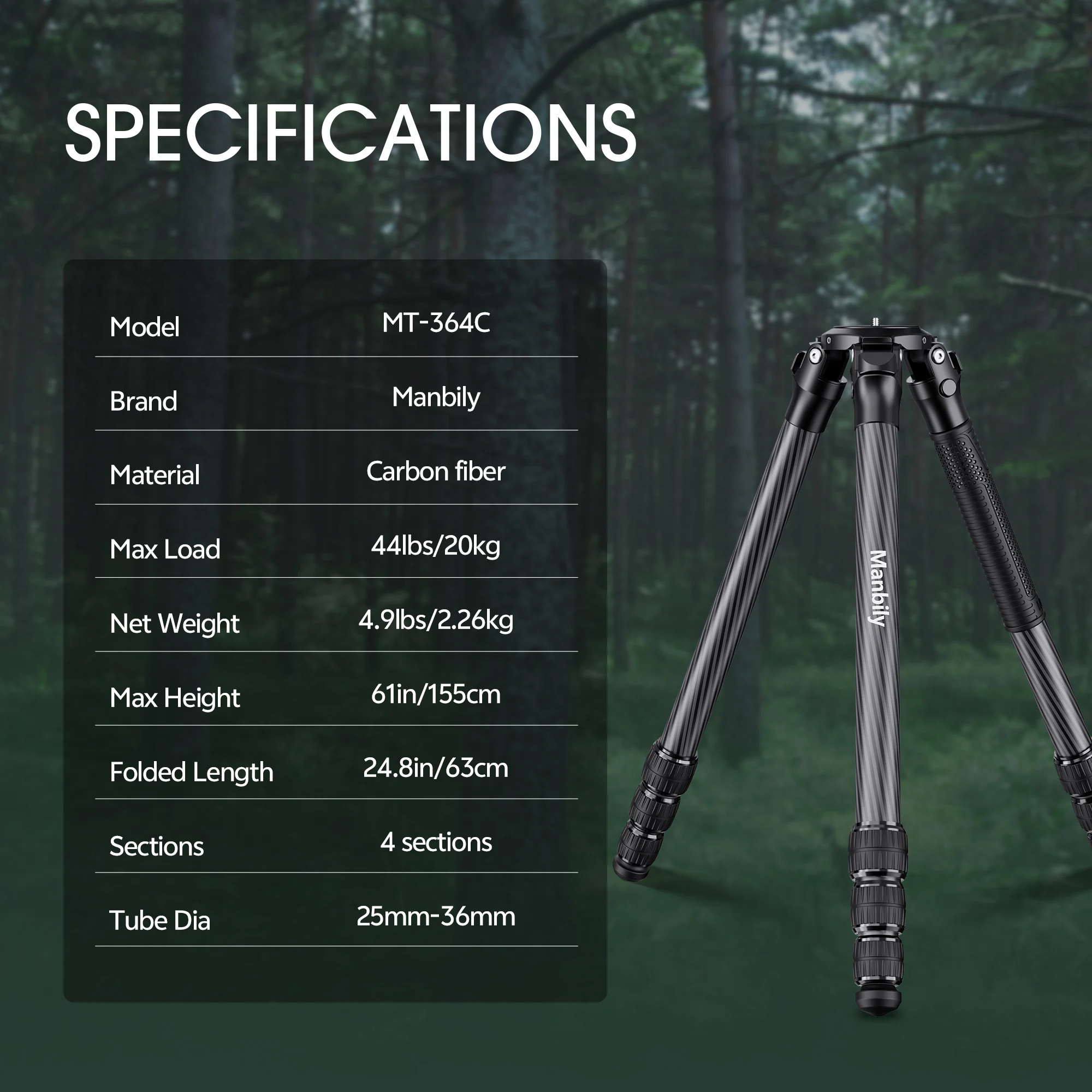 Manbily MT-364C Professional Carbon Fiber Tripod Heavy Duty Tripod 36mm Tube 4-sections Hunting Tripod Max.Load 20kg