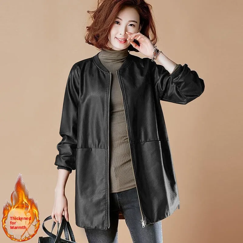 Bla Leather Jaet Donna Primavera Autunno Lunghezza media Allentato Mom Faion Hong Kong Sle Cappotto in pelle PU Chiusura con cerniera
