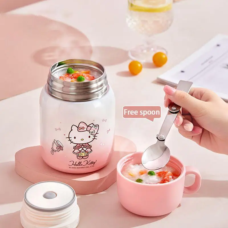 500Ml Sanrio Hello Kitty Stewed Beaker Kawaii Kuromi Cinnamoroll Student Large Capacity Portable Spoon Insulation Breakfast Cup