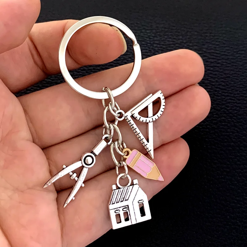 New House key ring Compass Ruler Keychain Real Estate Architect Keychain Engineer Engineering Student Drawing gifts