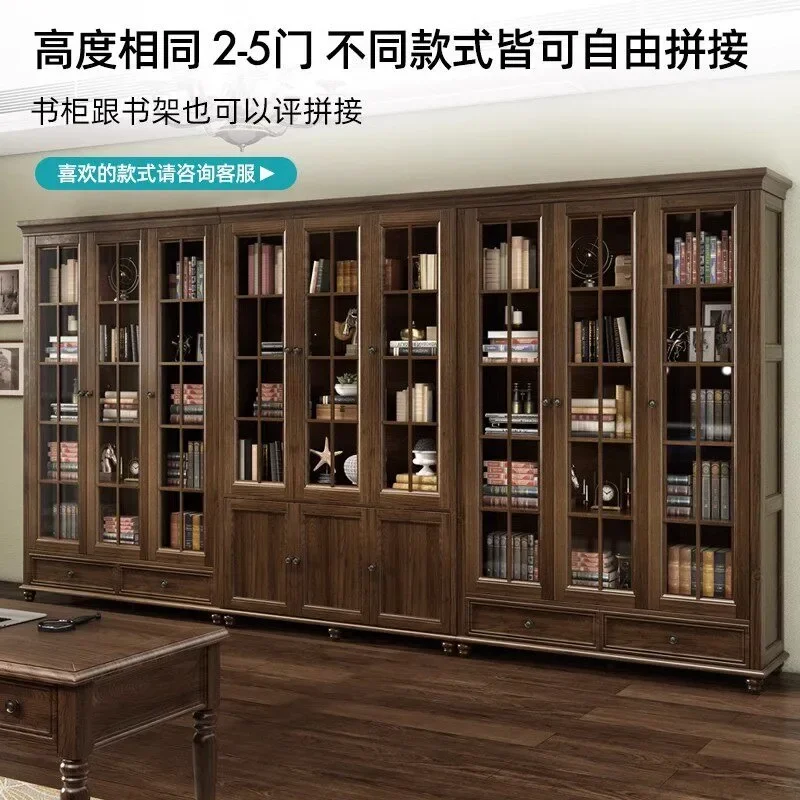 American all-solid wood combination with glass double three-door bookcase bookcase ash wood floor  hou