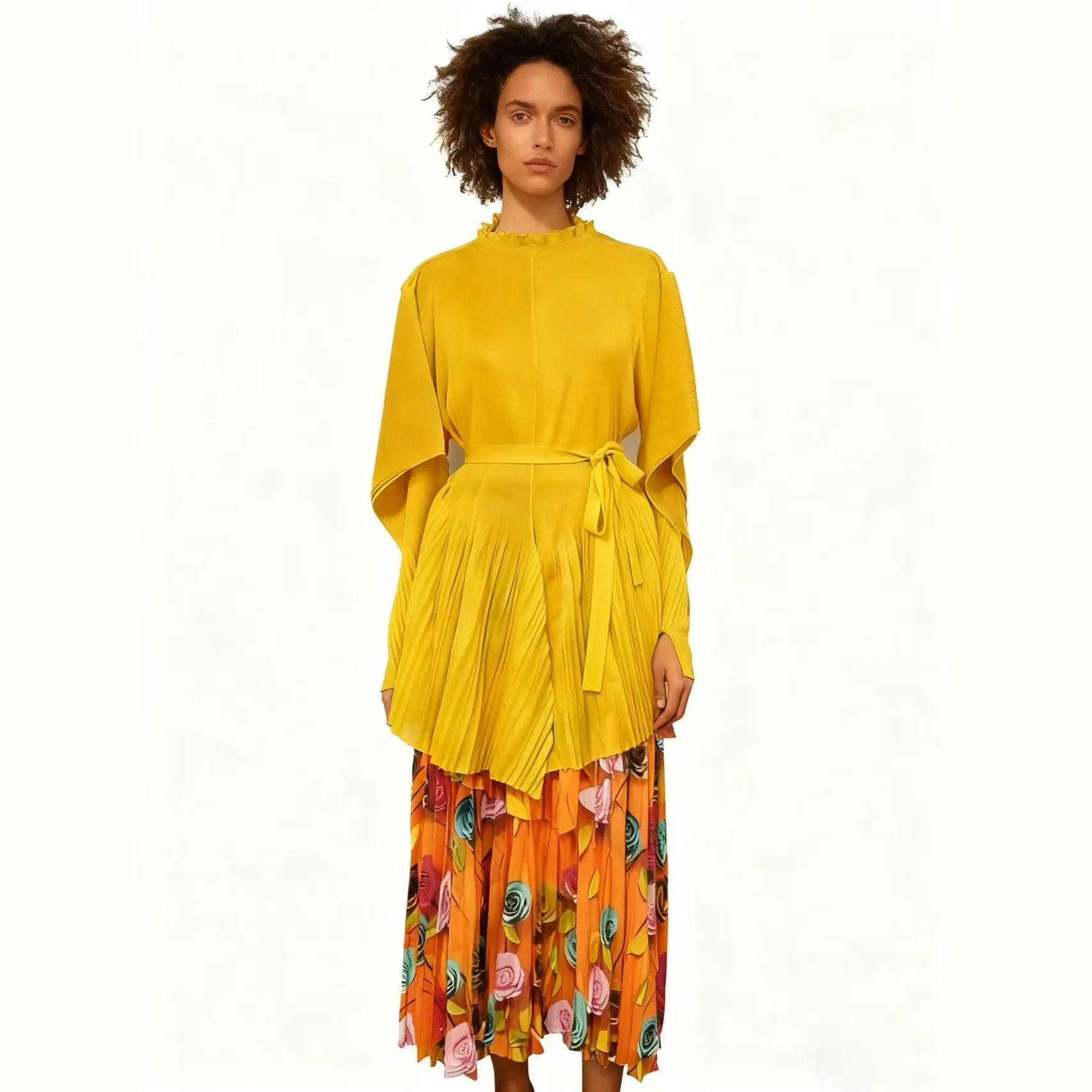 

African Miyake Pleated Loose Women's Fashion Suit Rose Print Bat Sleeve Top Temperament Elegant Two-piece Set