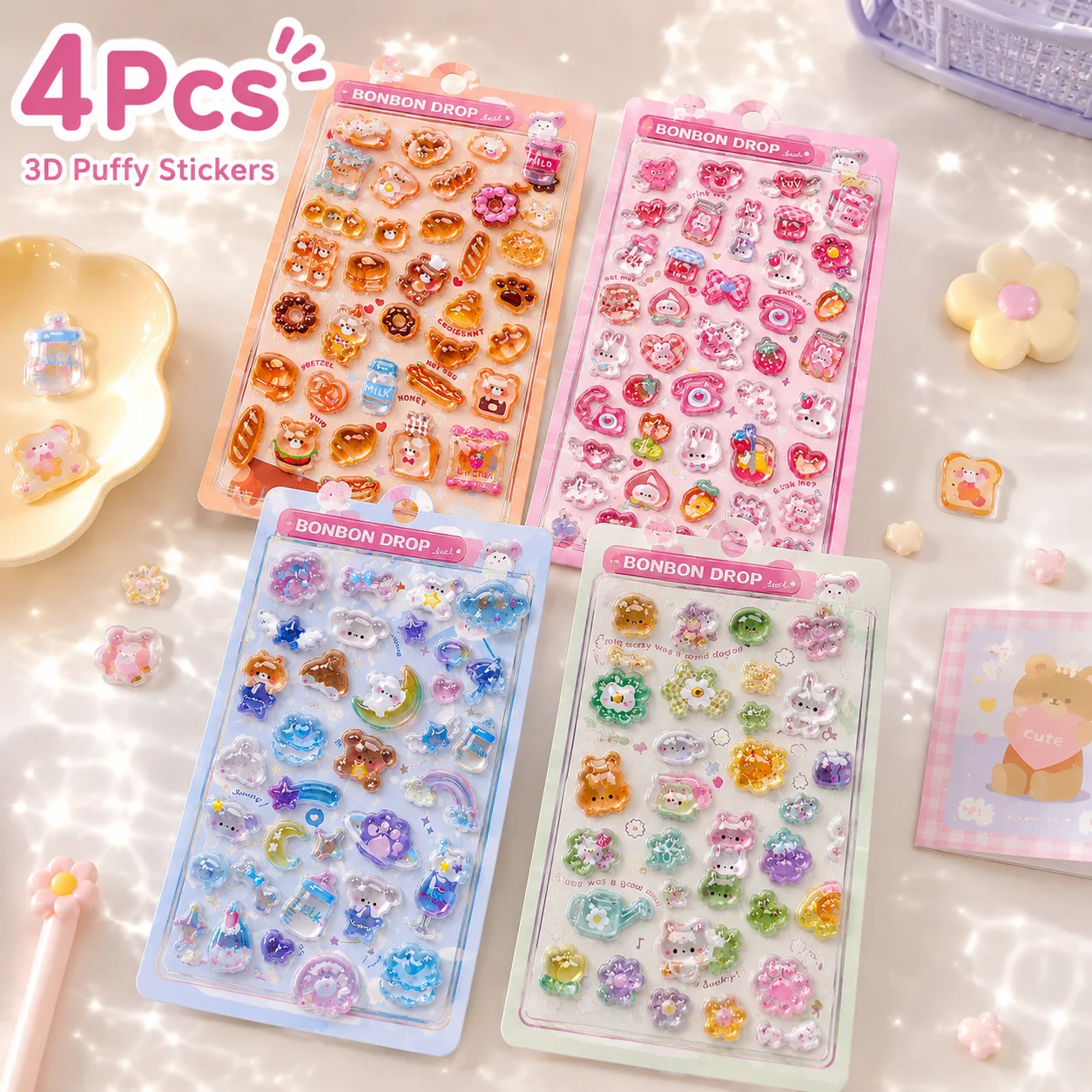 

Cute Kawaii Puffy Stickers | 4 Sheets, Perfect for Journaling, Scrapbooking & Daily Decor