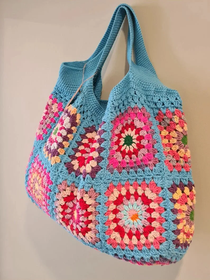 Bule Handbags Boho Hippie Square Flowers Bag for Women High-Capacity Crochet Cute Purses  Hollow Out Colorful DIY Knitting Bags