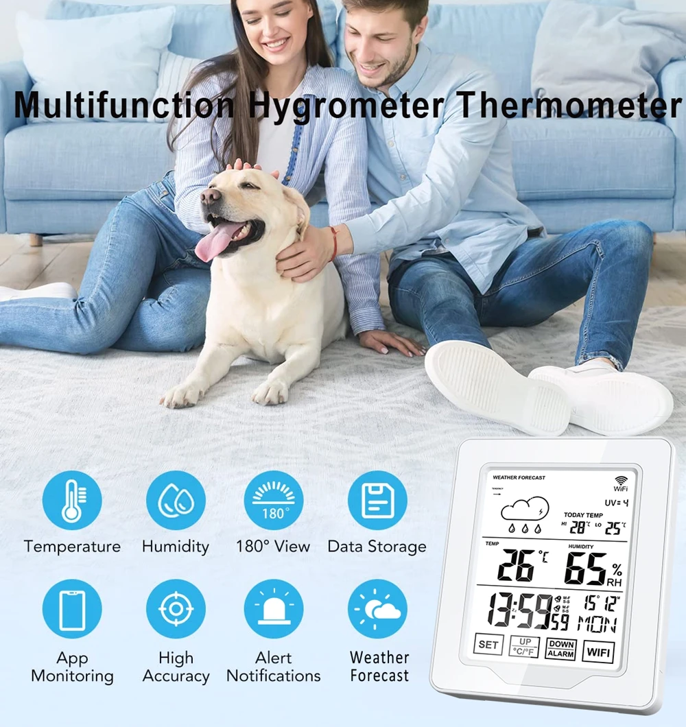 Tuya WiFi Weather Station Digital Thermometer Hygrometer Cloud Data Storage Indoor Table Wall Alarm Clock Calendar UV Display