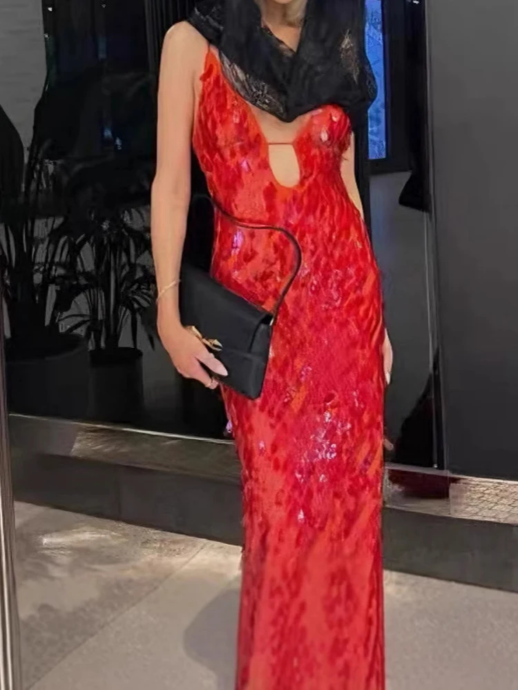 光沢のあるスパンコールのスリムサスペンダードレス レディース セクシー ノースリーブ 無地 ロングドレス エレガント ディープVネック ローカット クラブ パーティー ドレス