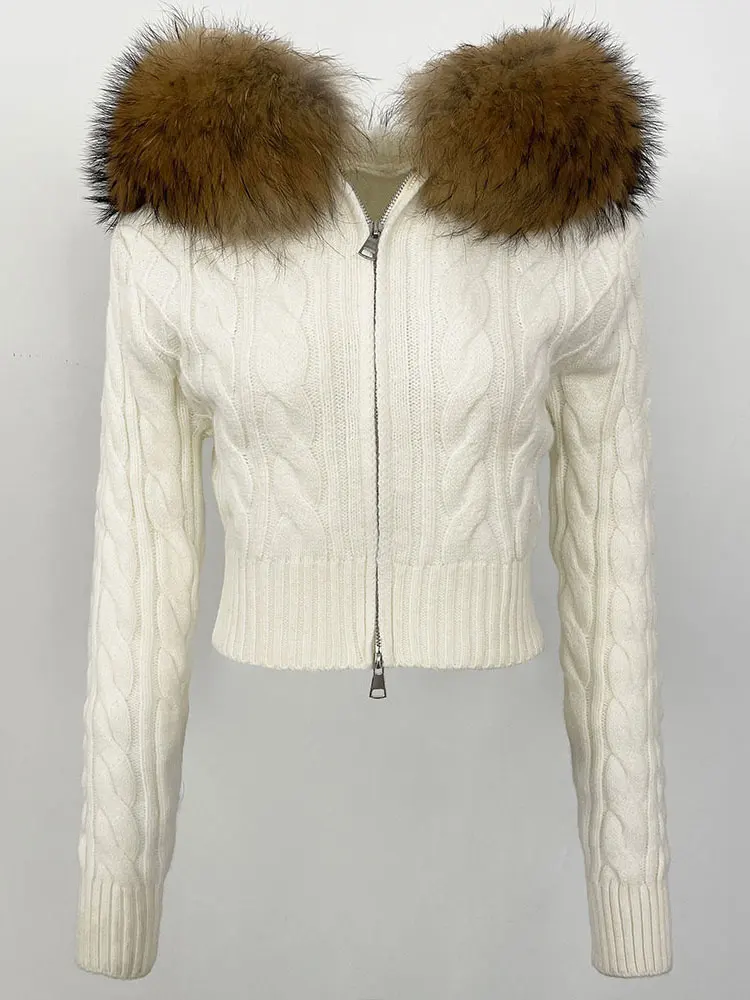 2025 nouveau printemps automne femmes court mince col de fourrure tricots solide réel fourrure de renard pull recadrée tricoté Cardigan femme