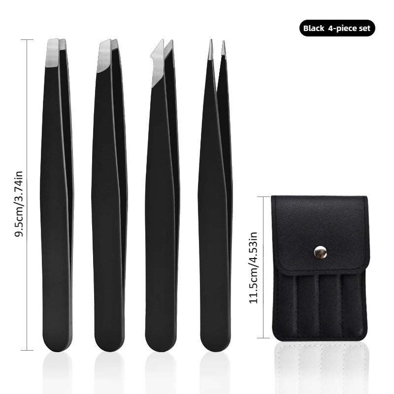 ステンレス製まつげピンセット 4本セット 精密な顔の毛やゴミを除去、メイク道具、折りたたみバッグ付き