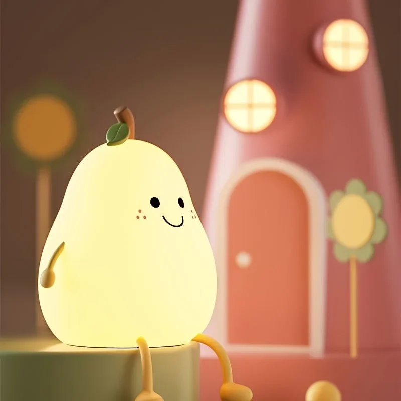 Imagem -05 - Cute Fruit Silicone Night Light Nursery Pear Lamp Usb Carregamento Lâmpada de Mesa Criativa para Crianças Criança Decoração do Quarto Nightlight 1pc