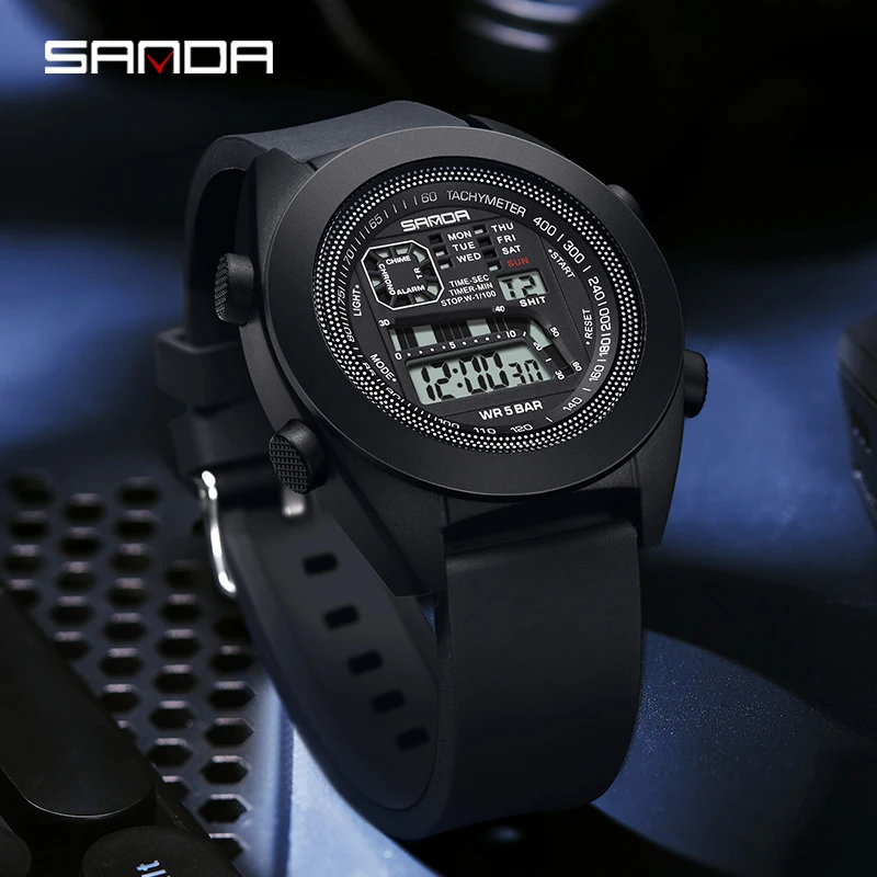 Fashion Sanda 9025 Single Core elettronico multifunzionale nastro in Silicone da uomo sport all'aria aperta Led orologi da polso impermeabili digitali