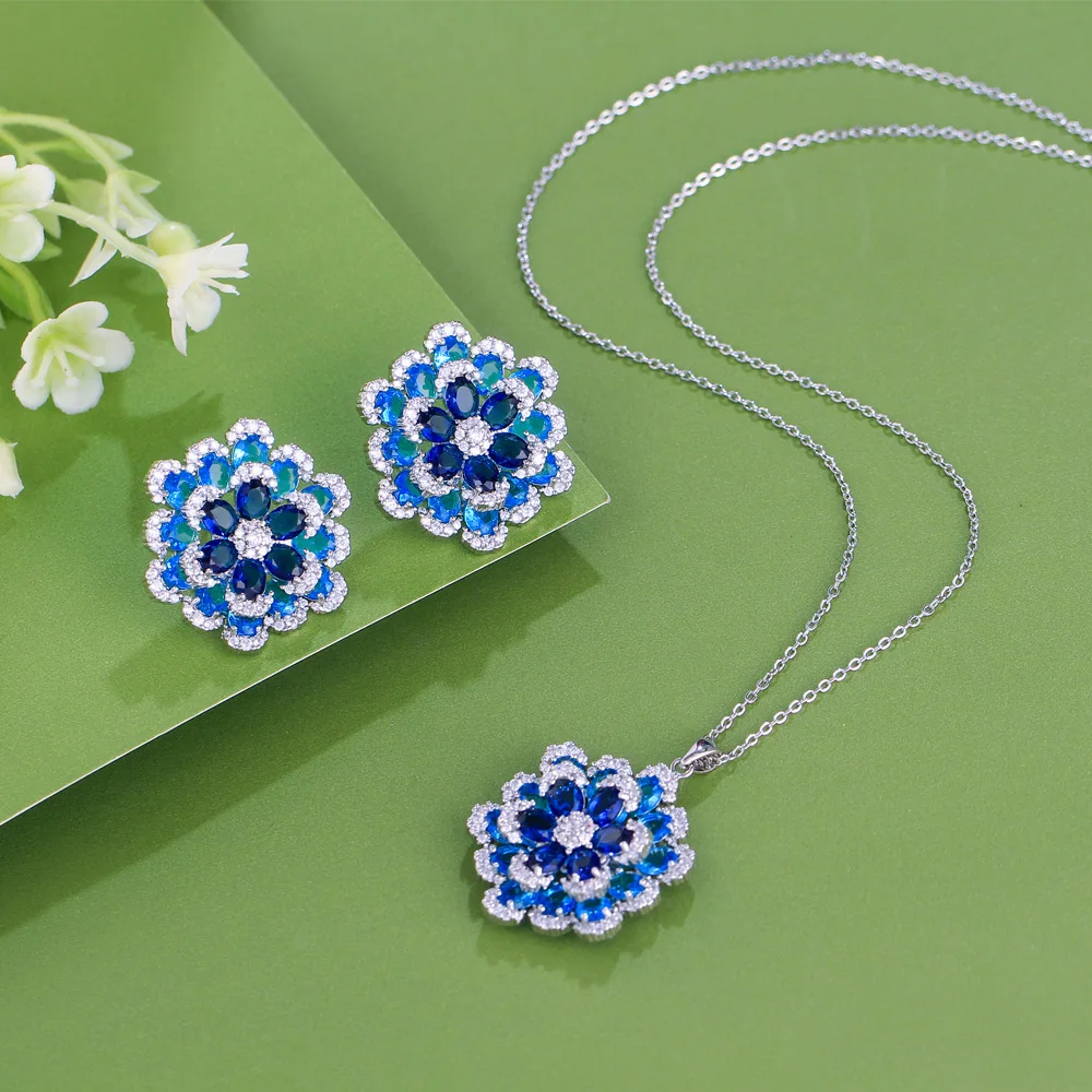 CWWZircons Art Deco Luxus-Ohrringe und Halskette mit blauem Zirkon in Blumenform, Damen-Partyschmuck-Sets, Großhandel T0195 – Detail 6