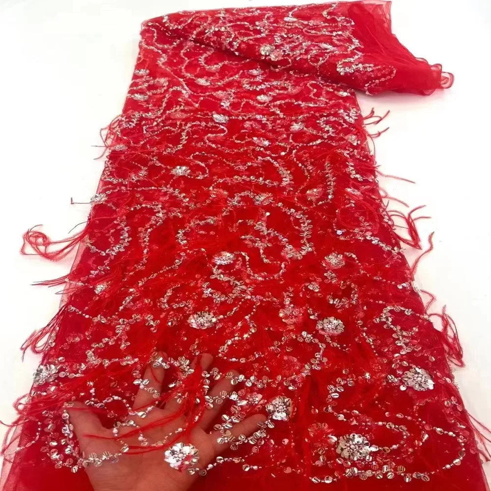 CX 5yards high-end handmade ostrich burr embroidered bead tube sequined stage clothes dinner party wedding dress, fabric