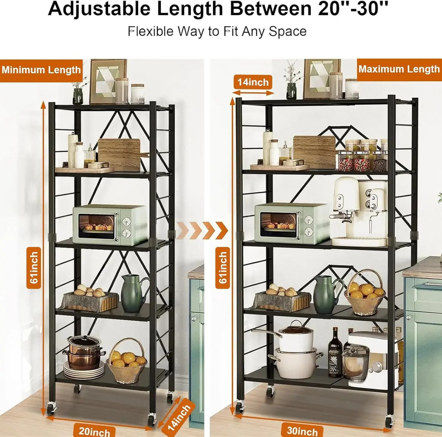 

5 Tier Foldable Storage Shelves, Expandable Folding Shelving Units with Wheels, Changeable into 2 Shelf Units, Collapsible Adjus