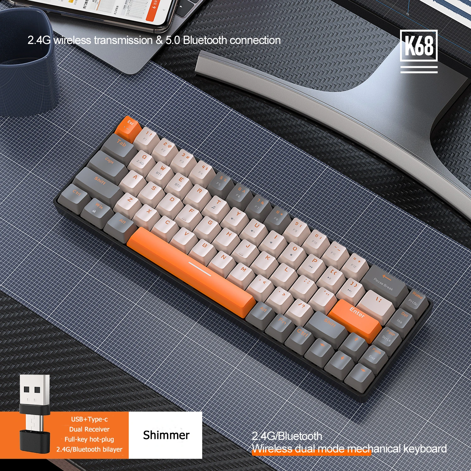 UTHAI K68 Mechanical Keyboard Bluetooth 2.4G Dual Mode Connection Color Blocking Full Key Hot Swappable Game Keyboard