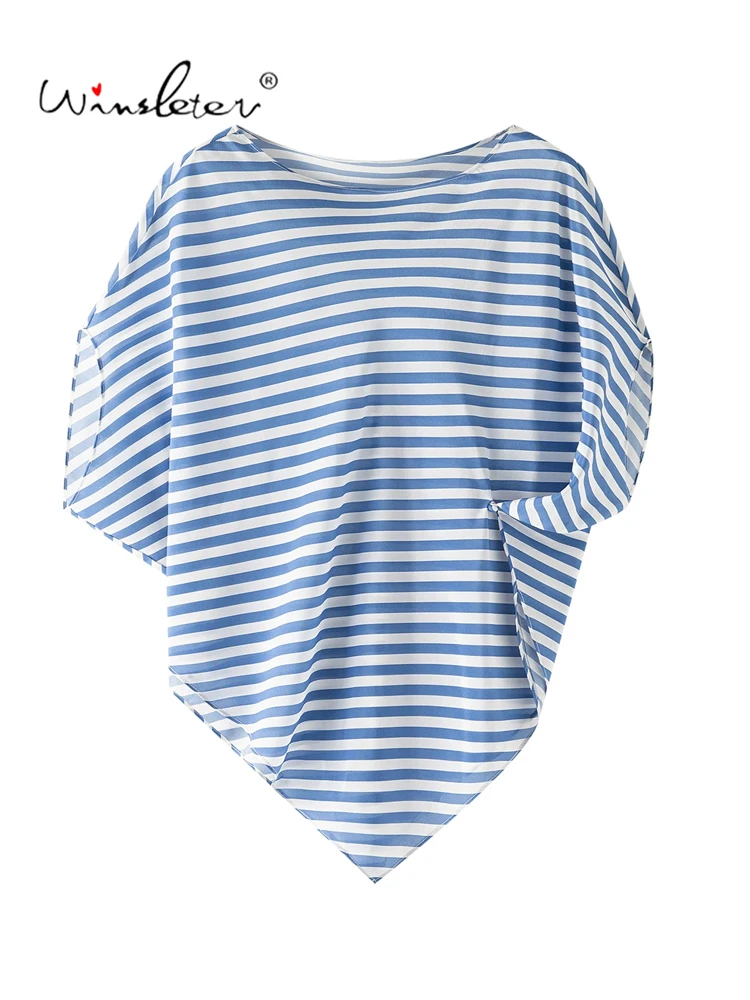 Winsleter-100%Real Silk Double Crepe Elegant T-Shirt, Slash Neck Striped, Women Fashion Commute Loose Top, 2026 Summer T67433CC